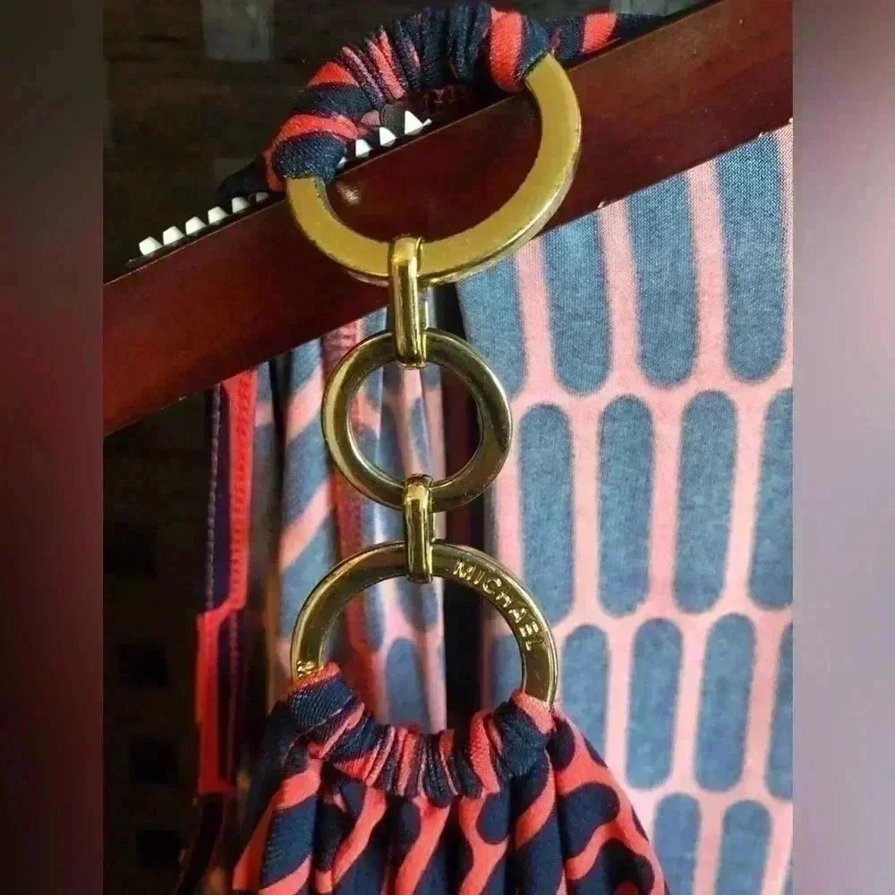Michael Kors Size S Red and Navy Geometric women’s top with gold link sleeves_3